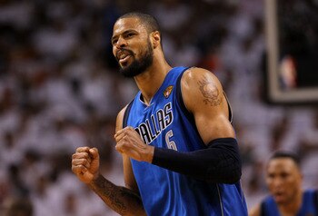 MIAMI, FL - JUNE 12:  Tyson Chandler #6 of the Dallas Mavericks reacts against the Miami Heat in the third quarter of Game Six of the 2011 NBA Finals at American Airlines Arena on June 12, 2011 in Miami, Florida. NOTE TO USER: User expressly acknowledges