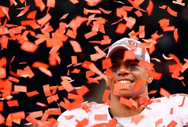 NEW ORLEANS, LA - JANUARY 04:  Terrelle Pryor #2 of the Ohio State Buckeyes celebrates the Buckeyes 31-26 victory against the Arkansas Razorbacks during the Allstate Sugar Bowl at the Louisiana Superdome on January 4, 2011 in New Orleans, Louisiana.  (Pho