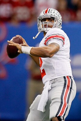 NEW ORLEANS, LA - JANUARY 04:  Quarterback Terrelle Pryor #2 of the Ohio State Buckeyes throws the ball in the first half against the Arkansas Razorbacks during the Allstate Sugar Bowl at the Louisiana Superdome on January 4, 2011 in New Orleans, Louisian