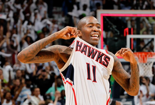 ATLANTA, GA - APRIL 28:  Jamal Crawford #11 of the Atlanta Hawks reacts after their 84-81 win over the Orlando Magic during Game Six of the Eastern Conference Quarterfinals in the 2011 NBA Playoffs at Philips Arena on April 28, 2011 in Atlanta, Georgia.