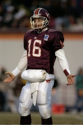 29 Nov 1996:  Quarterback Jim Druckenmiller of Virginia Tech University displays a puzzled gesture during the Hokies 26-9 win over Virginia University at Lane Stadium in Blackburg, Virginia. Mandatory Credit: Allsport  /Allsport