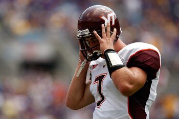 CHARLOTTE, NC - AUGUST 30:  Sean Glennon #7 of the Virginia Tech Hokies walks off the field during his game against the East Carolina Pirates on August 30, 2008 at Bank of America Stadium in Charlotte, North Carolina.  (Photo by Streeter Lecka/Getty Image