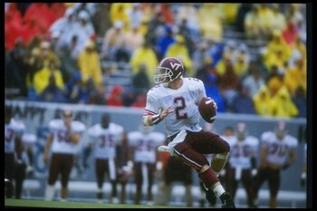 5 Oct 1991:  Virginia Tech Hokies quarterback Will Furrer drops back to pass during game against the West Virginia University Mountaineers at Mountaineer Field in Morgantown, West Virginia.  West Virginia University won the game 20-14. Mandatory Credit: D