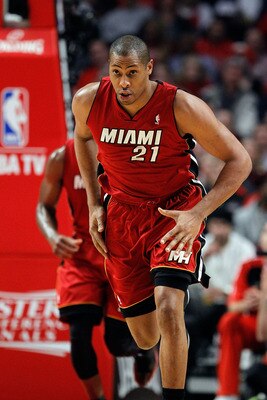 CHICAGO, IL - MAY 18: Jamaal Magloire #21 of the Miami Heat runs back on defense agaisnt the Chicago Bulls in Game Two of the Eastern Conference Finals during the 2011 NBA Playoffs on May 18, 2011 at the United Center in Chicago, Illinois. The Heat won 85