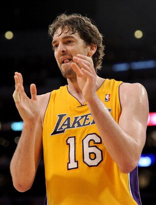 LOS ANGELES, CA - APRIL 26:  Pau Gasol #16 of the Los Angeles Lakers reacts in the third quarter while taking on the New Orleans Hornets in Game Five of the Western Conference Quarterfinals in the 2011 NBA Playoffs on April 26, 2011 at Staples Center in L
