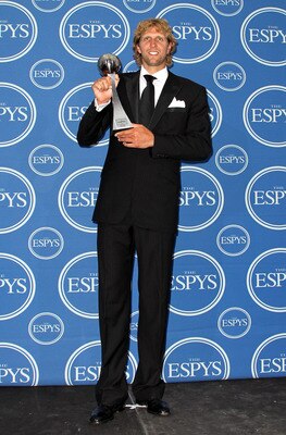 LOS ANGELES, CA - JULY 13: NBA player Dirk Nowitzki poses with award for Best Team in the press room at The 2011 ESPY Awards at Nokia Theatre L.A. Live on July 13, 2011 in Los Angeles, California.  (Photo by Frederick M. Brown/Getty Images)