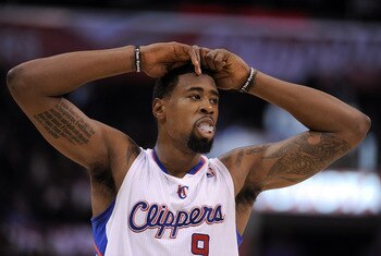 LOS ANGELES, CA - DECEMBER 01:  DeAndre Jordan #9 of the Los Angeles Clippers reacts after two missed free throws against the San Antonio Spurs at the Staples Center on December 1, 2010 in Los Angeles, California.  NOTE TO USER: User expressly acknowledge