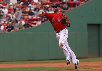 BOSTON, MA - AUGUST 27:  Dustin Pedroia #15 of the Boston Red Sox makes send the ball first against Oakland Athletics at Fenway Park August 27, 2011 in Boston, Massachusetts. (Photo by Jim Rogash/Getty Images)