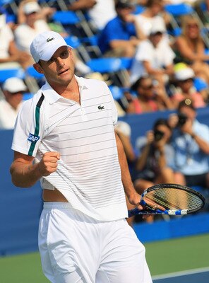 WINSTON-SALEM, NC - AUGUST 25:  Andy Roddick of the USA celebrates on his way to defeating Juan Monaco of Argentina in their quarterfinal match during the Winston-Salem Open at the Wake Forest University Tennis Complex on August 25, 2011 in Winston-Salem,