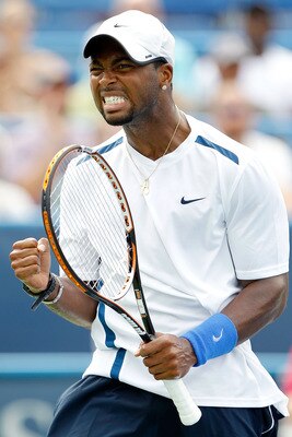 WASHINGTON, DC - AUGUST 06:  Donald Young celebrates a point against Radek Stepanek of the Czech Republic during the semifinals of the Legg Mason Tennis Classic presented by Geico at the William H.G. FitzGerald Tennis Center on August 6, 2011 in Washingto