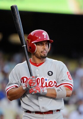 LOS ANGELES, CA - AUGUST 09:  Shane Victorino #8 of the Philadelphia Phillies swings the bat against the Los Angeles Dodgers during the baseball game at Dodger Stadium on August 9, 2011 in Los Angeles, California.  (Photo by Kevork Djansezian/Getty Images