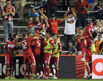 BRIDGEVIEW, IL - AUGUST 27: The Chicago Fire celebrates Cory Gibbs's goal against the Colorado Rapids in an MLS match on August 27, 2011 at Toyota Park in Bridgeview, Illinois. The Fire defeated the Rapids 2-0.  (Photo by David Banks/Getty Images)