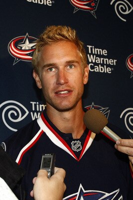 COLUMBUS,OH - JULY 21:  Jeff Carter #7 of the Columbus Blue Jackets speaks during a press conference on July 21, 2011 at Nationwide Arena in Columbus, Ohio.  (Photo by John Grieshop/Getty Images)