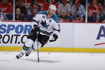 DETROIT - MAY 6: Joe Thornton #19 of the San Jose Sharks skates against the Detroit Red Wings in Game Four of the Western Conference Semifinals during the 2011 NHL Stanley Cup Playoffs on May 6, 2011 at Joe Louis Arena in Detroit, Michigan. (Photo by Greg
