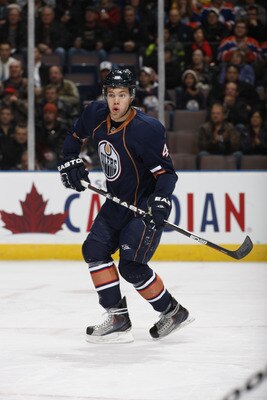 EDMONTON, CANADA - DECEMBER 16: Taylor Hall #4 of the Edmonton Oilers skates against the Columbus Blue Jackets on December 16, 2010 at Rexall Place in Edmonton, Alberta, Canada. (Photo by Dale MacMillan/Getty Images)