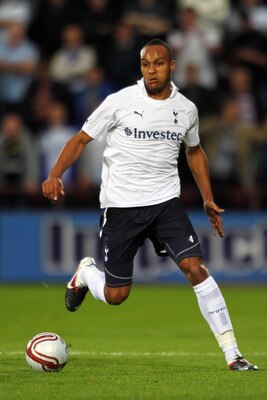 EDINBURGH, SCOTLAND - AUGUST 18:  Younes Kaboul of Tottenham in action during the UEFA Europa League Playoff first leg match between Heart of Midlothian FC and Tottenham Hotspur FC at Tynecastle Stadium on August 18, 2011 in Edinburgh, Scotland.  (Photo b