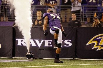BALTIMORE, MD - AUGUST 25: Linebacker Ray Lewis #52 of the Baltimore Ravens is introduced before the start of a preseason game against the Washington Redskins at M&T Bank Stadium on August 25, 2011 in Baltimore, Maryland.  (Photo by Rob Carr/Getty Images)