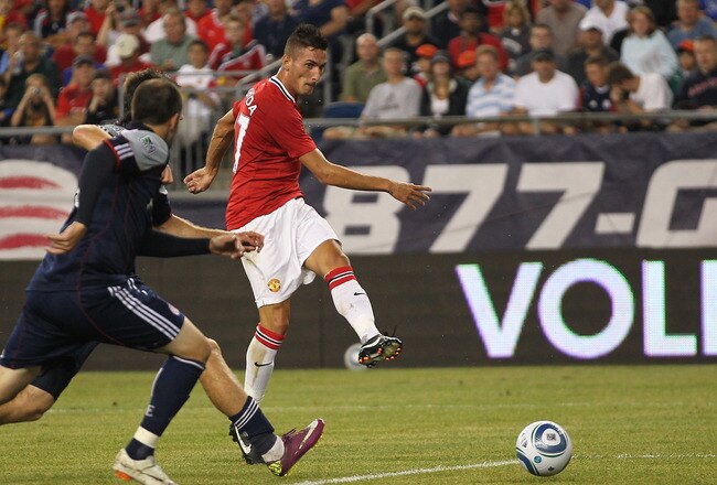 FOXBORO, MA - JULY 13:  Federico Macheda #27 of the Manchester United scores the second of two goals during a friendly match against the New England Revolution during a friendly match at Gillette Stadium on July 13, 2011 in Foxboro, Massachusetts. (Photo