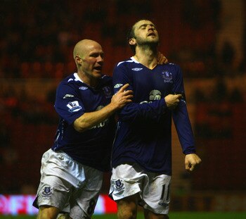 MIDDLESBROUGH, UNITED KINGDOM - JANUARY 01: James McFadden (right) points to his black arm band in tribute to ex team mate Phil O'Donnell after scoring the second goal with Andy Johnson in support during the Barclays Premier League match between Middlesbr
