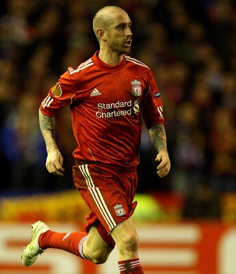 LIVERPOOL, ENGLAND - FEBRUARY 24:   Raul Meireles of Liverpool in action during the UEFA Europa League Round of 32 2nd leg match beteween Liverpool and Sparta Prague at Anfield on February 24, 2011 in Liverpool, England.  (Photo by Richard Heathcote/Getty