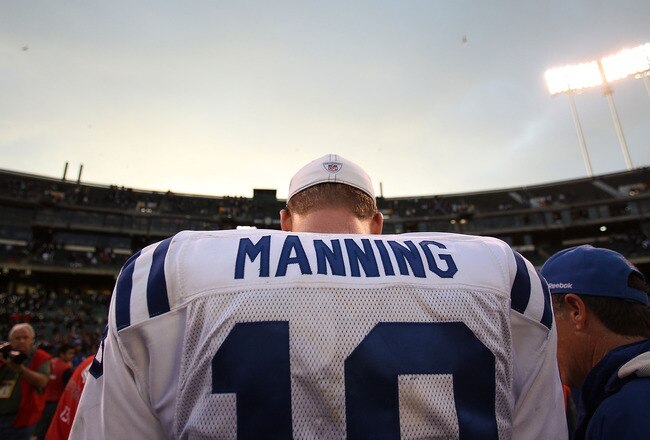 OAKLAND, CA - DECEMBER 26:  Peyton leaves the field against the Oakland Raiders during an NFL game at Oakland-Alameda County Coliseum on December  26, 2010 in Oakland, California.  (Photo by Jed Jacobsohn/Getty Images)