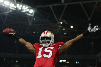 LONDON, ENGLAND - OCTOBER 31:  Michael Crabtree #15 of San Francisco 49ers celebrates as he scores their second touchdown during the NFL International Series match between Denver Broncos and San Francisco 49ers at Wembley Stadium on October 31, 2010 in Lo