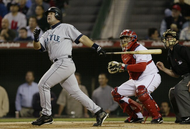 ANAHEIM, CA - APRIL 13:  Designated hitter Edgar Martinez #11 of the Seattle Mariners at bat during the game against the Anaheim Angels on April 13, 2004 at Angel Stadium in Anaheim, California.  The Angels, playing in their first home game of the season,