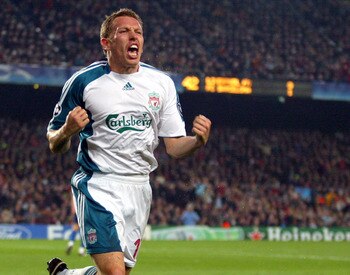BARCELONA, SPAIN - FEBRUARY 21:  Craig Bellamy of Liverpool celebrates after scoring his goal during the UEFA Champions League round of 16 first leg match between Barcelona and Liverpool at the Nou Camp Stadium on February 21, 2007 in Barcelona, Spain.  (
