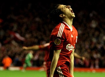 LIVERPOOL, ENGLAND - APRIL 29:  Yossi Benayoun of Liverpool celebrates scoring his team's second goal during the UEFA Europa League Semi-Final Second Leg match between Liverpool and Atletico Madrid at Anfield on April 29, 2010 in Liverpool, England.  (Pho