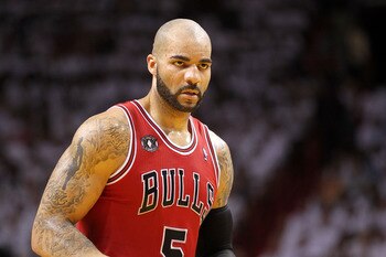 MIAMI, FL - MAY 22:  Carlos Boozer #5 of the Chicago Bulls looks on against the Miami Heat in Game Three of the Eastern Conference Finals during the 2011 NBA Playoffs on May 22, 2011 at American Airlines Arena in Miami, Florida.  NOTE TO USER: User expres