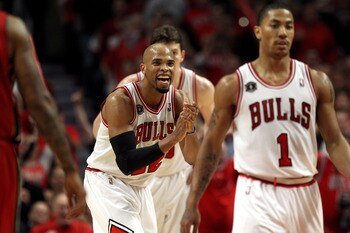 CHICAGO, IL - MAY 18:  Taj Gibson #22 of the Chicago Bulls reacts against the Miami Heat in Game Two of the Eastern Conference Finals during the 2011 NBA Playoffs on May 18, 2011 at the United Center in Chicago, Illinois. NOTE TO USER: User expressly ackn