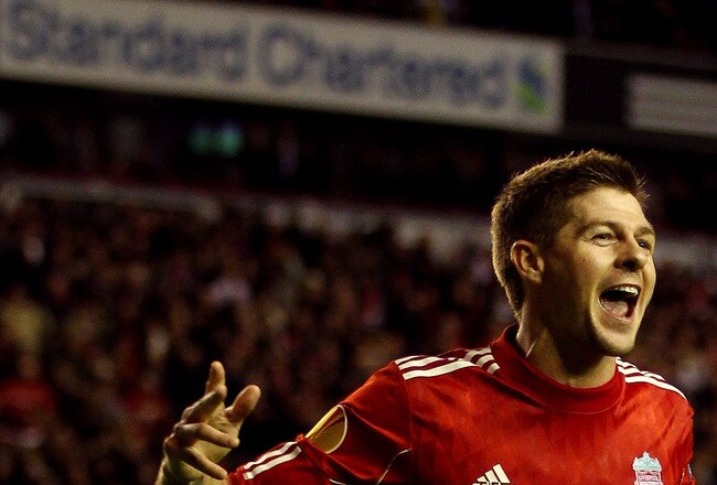 LIVERPOOL, ENGLAND - NOVEMBER 04:  Steven Gerrard of Liverpool celebrates scoring his team's third goal and his hat trick during the UEFA Europa League Group K match beteween Liverpool and SSC Napoli at Anfield on November 4, 2010 in Liverpool, England.  