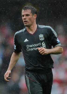 LONDON, ENGLAND - AUGUST 20:  Jamie Carragher of Liverpool looks on during the Barclays Premier League match between Arsenal and Liverpool at the Emirates Stadium on August 20, 2011 in London, England.  (Photo by Michael Regan/Getty Images)