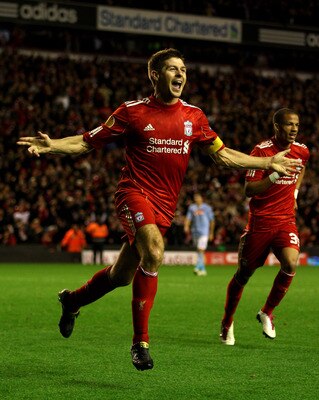 LIVERPOOL, ENGLAND - NOVEMBER 04:  Steven Gerrard of Liverpool celebrates scoring his team's third goal and hs hat trick during the UEFA Europa League Group K match beteween Liverpool and SSC Napoli at Anfield on November 4, 2010 in Liverpool, England.  (