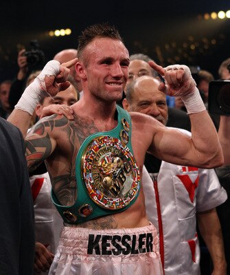 HERNING, DENMARK - APRIL 24:  Mikkel Kessler of Denmark celebrates being declared winner in his fight against Carl Froch of England after their Super Six WBC Super Middleweight title fight on April 24, 2010 at MCH  Messecenter Arena in Herning, Denmark.