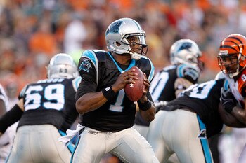 CINCINNATI, OH - AUGUST 25: Cam Newton #1 of the Carolina Panthers looks to pass in the first half of an NFL preseason game against the Cincinnati Bengals at Paul Brown Stadium on August 25, 2011 in Cincinnati, Ohio. (Photo by Joe Robbins/Getty Images)