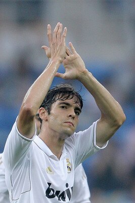 TIANJIN, CHINA - AUGUST 06:  Kaka of Real Madrid celebrates scoring a goal during the pre-season friendly match between Tianjin Teda and Real Madrid at Water Drop Stadium on August 6, 2011 in Tianjin, China.  (Photo by Feng Li/Getty Images)