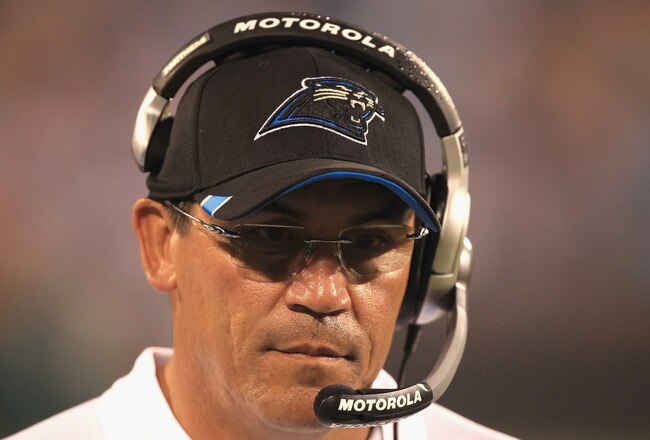 CHARLOTTE, NC - AUGUST 13:  Head coach Ron Rivera of the Carolina Panthers during their preseason game against the New York Giants at Bank of America Stadium on August 13, 2011 in Charlotte, North Carolina.  (Photo by Streeter Lecka/Getty Images)