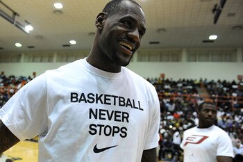 BALTIMORE, MD - AUGUST 30: LeBron James warms up before the Goodman League All-Stars take on the The Melo League at Edward P. Hurt Gymnasium at Morgan State University on August 30, 2011 in Baltimore, Maryland. (Photo by Patrick Smith/Getty Images)