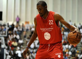 BALTIMORE, MD - AUGUST 30: Kevin Durant drives to the hoop during the Goodman League All-Stars taking on The Melo League basketball game at Edward P. Hurt Gymnasium at Morgan State University on August 30, 2011 in Baltimore, Maryland. (Photo by Patrick Sm