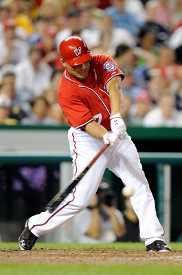 WASHINGTON, DC - JULY 02:  Ivan Rodriguez #7 of the Washington Nationals drives in the game winning run with a single in the eighth inning against the Pittsburgh Pirates at Nationals Park on July 2, 2011 in Washington, DC. (Photo by Greg Fiume/Getty Image