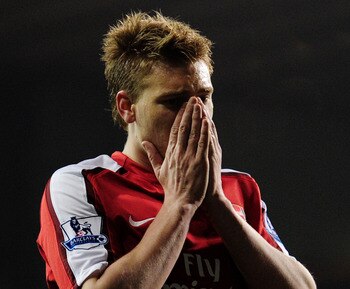 LONDON, ENGLAND - APRIL 14:  Nicklas Bendtner of Arsenal looks dejected during the Barclays Premier League match between Tottenham Hotspur and Arsenal at White Hart Lane on April 14, 2010 in London, England.  (Photo by Shaun Botterill/Getty Images)
