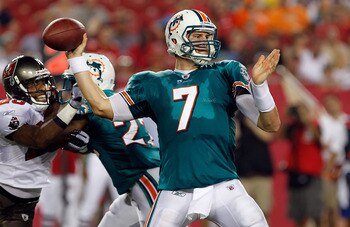TAMPA, FL - AUGUST 27:  Quarterback Chad Henne #7 of the Miami Dolphins throws a pass against the Tampa Bay Buccaneers during a preseason game at Raymond James Stadium on August 27, 2011 in Tampa, Florida.  (Photo by J. Meric/Getty Images)