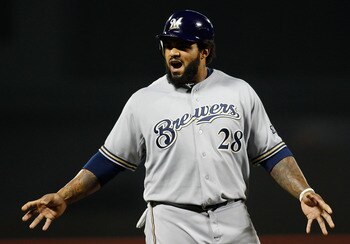 NEW YORK, NY - AUGUST 19:  Prince Fielder #28 of the Milwaukee Brewers reacts after making it to third on a single by Casey McGehee #14 (not pictured) single in the first inning against the New York Mets on August 19, 2011 at Citi Field in the Flushing ne