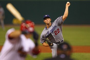 ST. LOUIS, MO - AUGUST 23: Starter Clayton Kershaw #22 pitches against St. Louis Cardinals at Busch Stadium on August 23, 2011 in St. Louis, Missouri.  (Photo by Dilip Vishwanat/Getty Images)