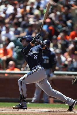 SAN FRANCISCO, CA - JULY 24:  Ryan Braun #8 of the Milwaukee Brewers hits a home run in the first inning against the San Francisco Giants at AT&T Park on July 24, 2011 in San Francisco, California.  (Photo by Jed Jacobsohn/Getty Images)