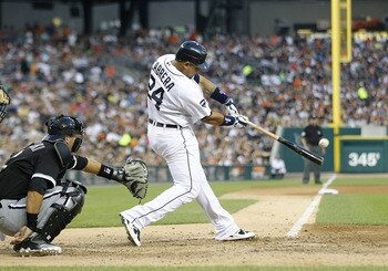 DETROIT - JULY 15:  Miguel Cabrera #24 of the Detroit Tigers singles in the sixth inning for his 1,500 base hit during the game against the Chicago White Sox at Comerica Park on July 15, 2011 in Detroit, Michigan. The White Sox defeated the Tigers 8-2.  (
