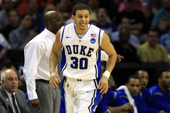 CHARLOTTE, NC - MARCH 18:  Seth Curry #30 of the Duke Blue Devils reacts in the first half while taking on the Hampton Pirates during the second round of the 2011 NCAA men's basketball tournament at Time Warner Cable Arena on March 18, 2011 in Charlotte,