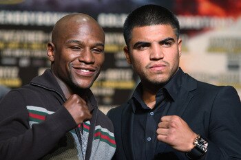 NEW YORK, NY - JUNE 28:  Floyd Mayweather and Victor Ortiz face off at a press conference about their upcoming fight on June 28, 2011 at the Hudson Theatre in New York City.  (Photo by Daniel Barry/Getty Images)