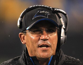 CHARLOTTE, NC - AUGUST 13:  Head coach Ron Rivera of the Carolina Panthers yells to his team during their preseason game against the New York Giants at Bank of America Stadium on August 13, 2011 in Charlotte, North Carolina.  (Photo by Streeter Lecka/Gett